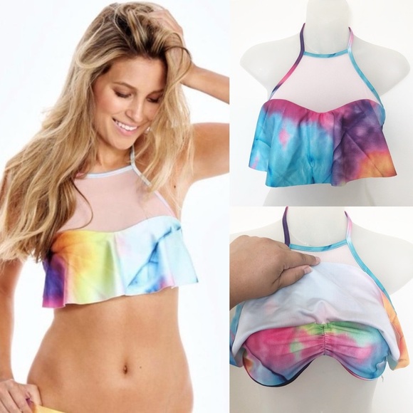 Wildfox Swim Womens Rainbow Tie Dye Ruffle Solar Empower Bikini Top Size M - Picture 1 of 7
